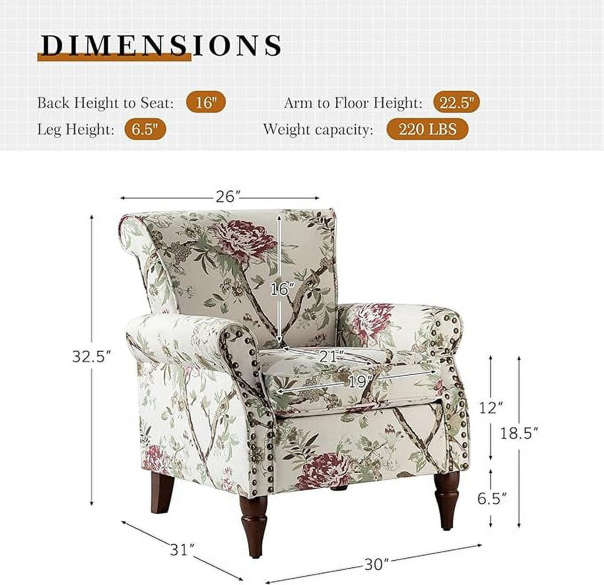 Wooden Upholstered Accent Chair Set of 2 with Removable Cushion Wingback Floral Lounge Sofa Set Nailhead Trim H812