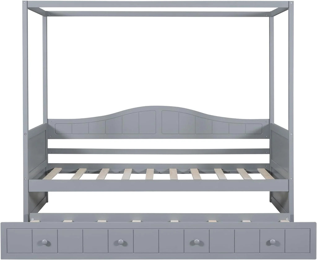 Twin Size Four-Poster Wood Canopy Bed with Trundle U883510