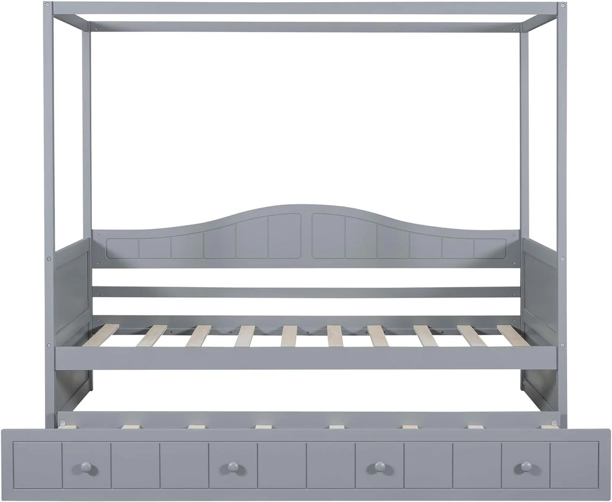 Twin Size Four-Poster Wood Canopy Bed with Trundle U883510