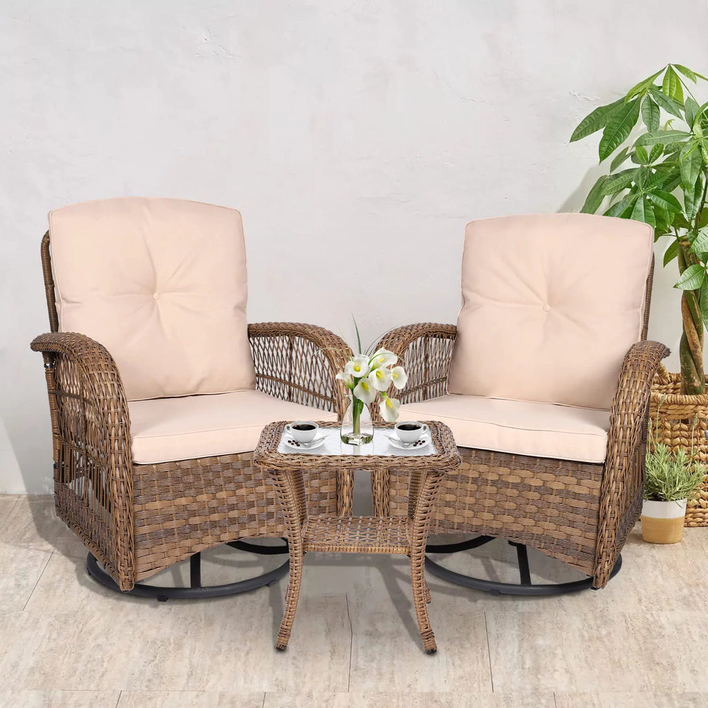 3-Piece Outdoor Swivel Glider Rocking Chairs with Glass Top Side Table X791398