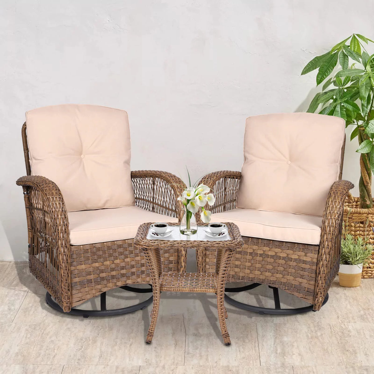 3-Piece Outdoor Swivel Glider Rocking Chairs with Glass Top Side Table X791398