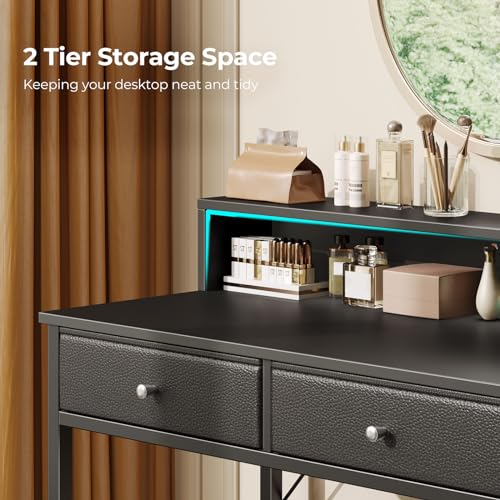 Black Vanity Desk with Drawers and Charging Station A200759