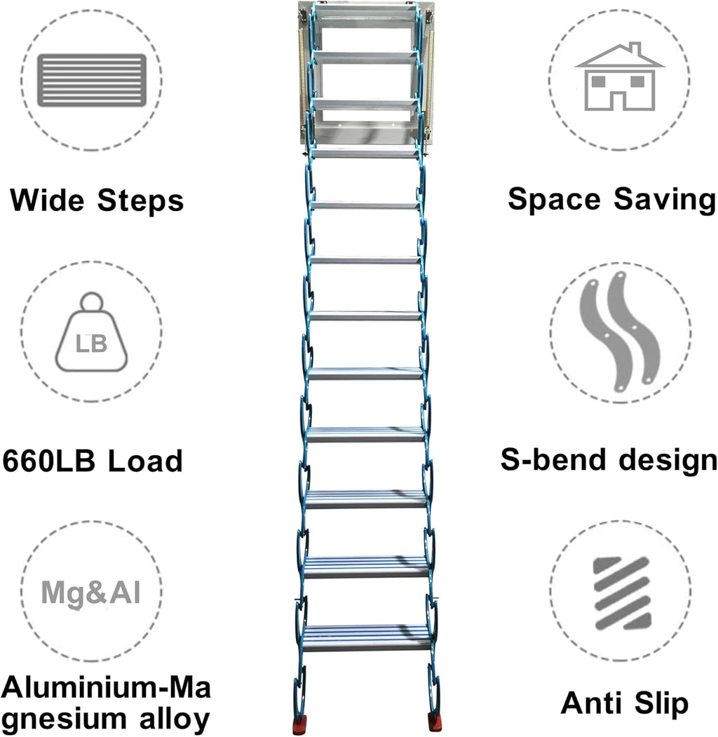 Blue 9.8ft Al-Mg Alloy Folding Attic Ladder with Armrests W243479