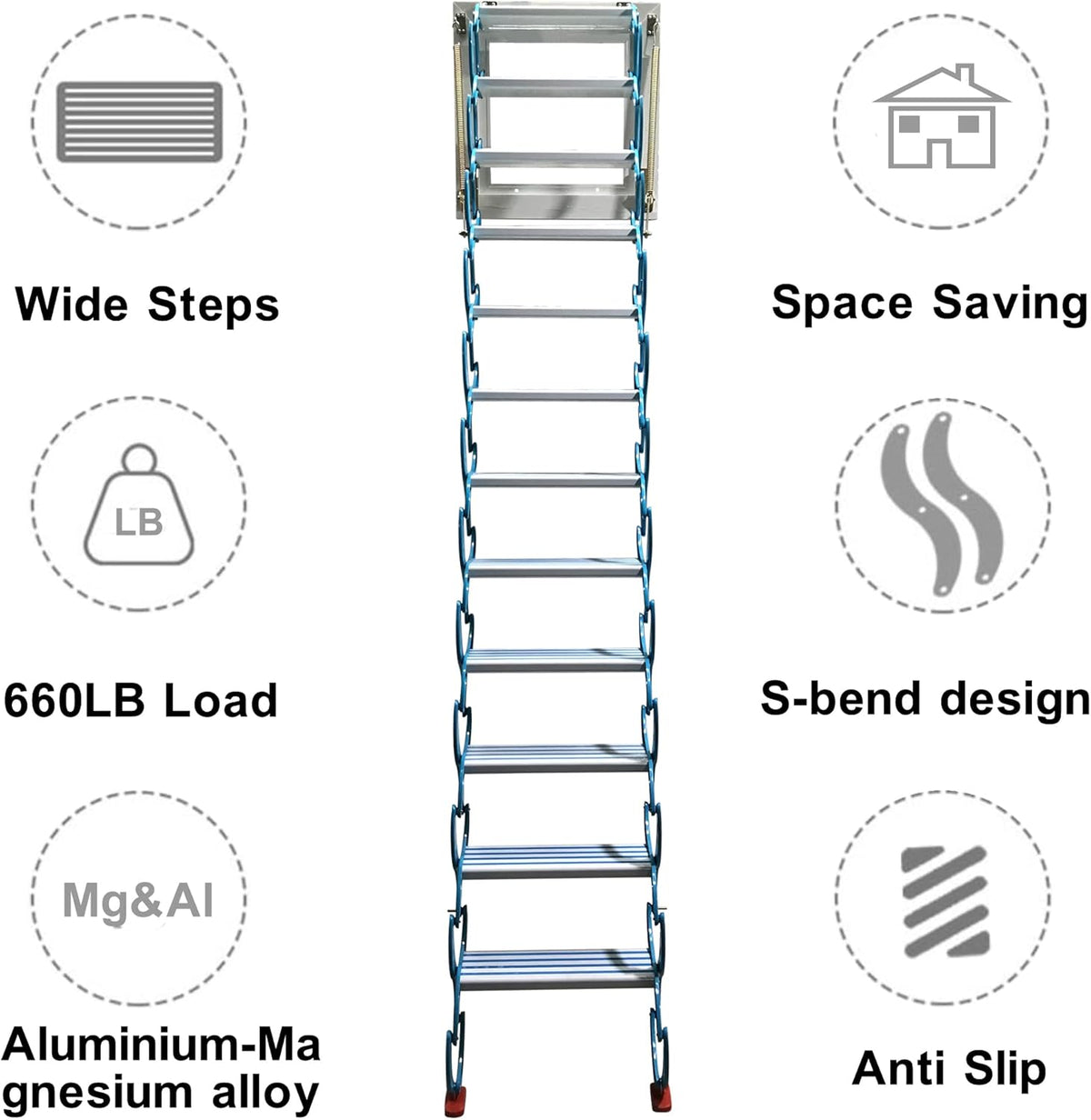 Blue 9.8ft Al-Mg Alloy Folding Attic Ladder with Armrests W243479