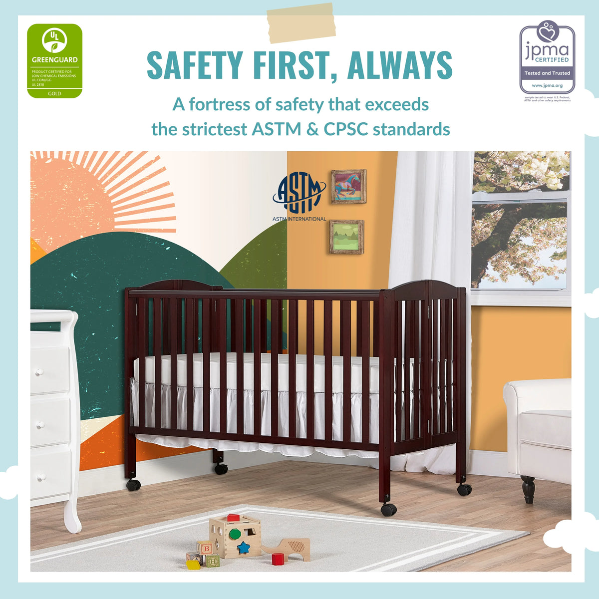 Full Size 2-in-1 Folding Stationary Side Crib with Locking Wheels, Espresso Q905