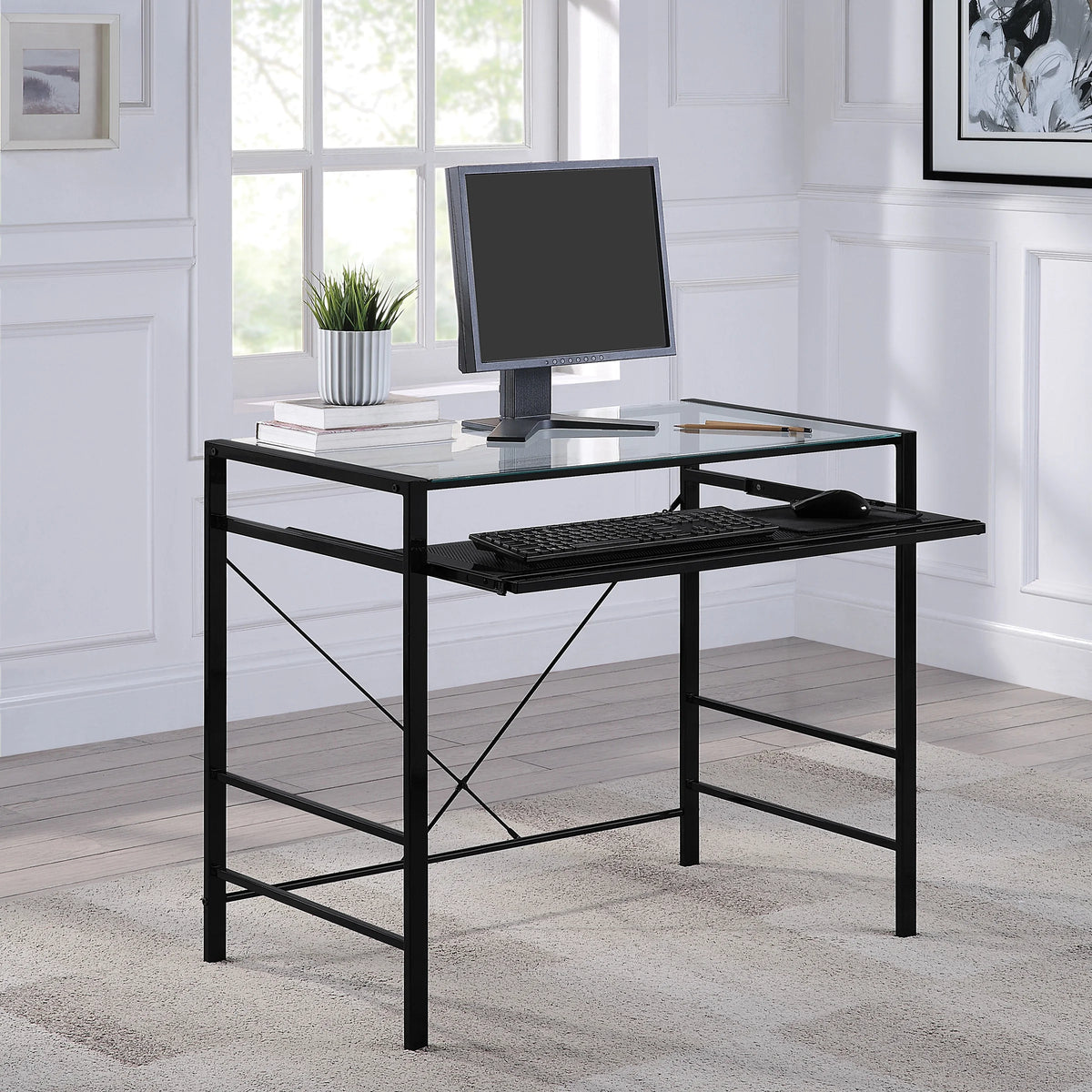 Computer Desk with Clear Tempered Glass Top and Black Metal Frame K609