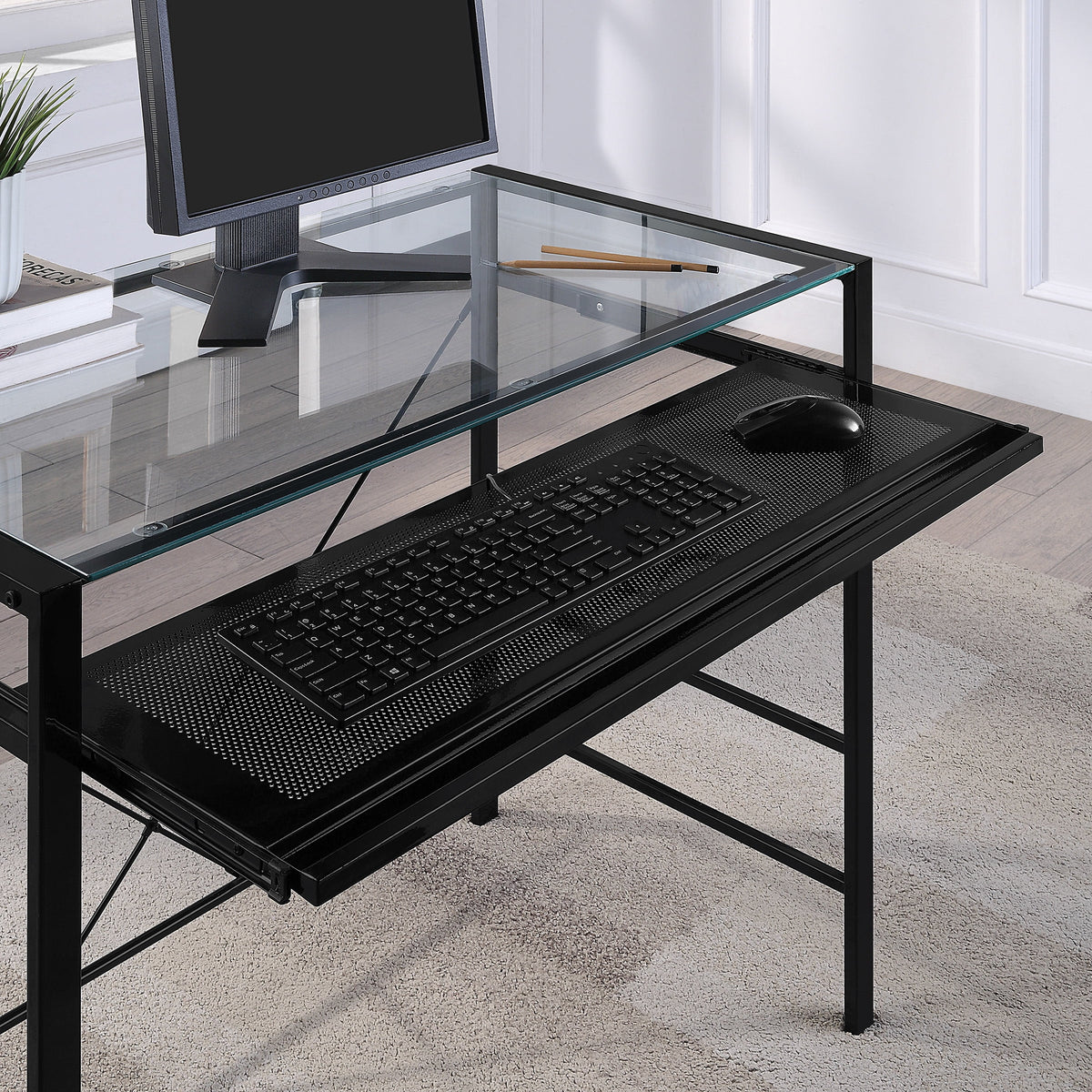 Computer Desk with Clear Tempered Glass Top and Black Metal Frame K609