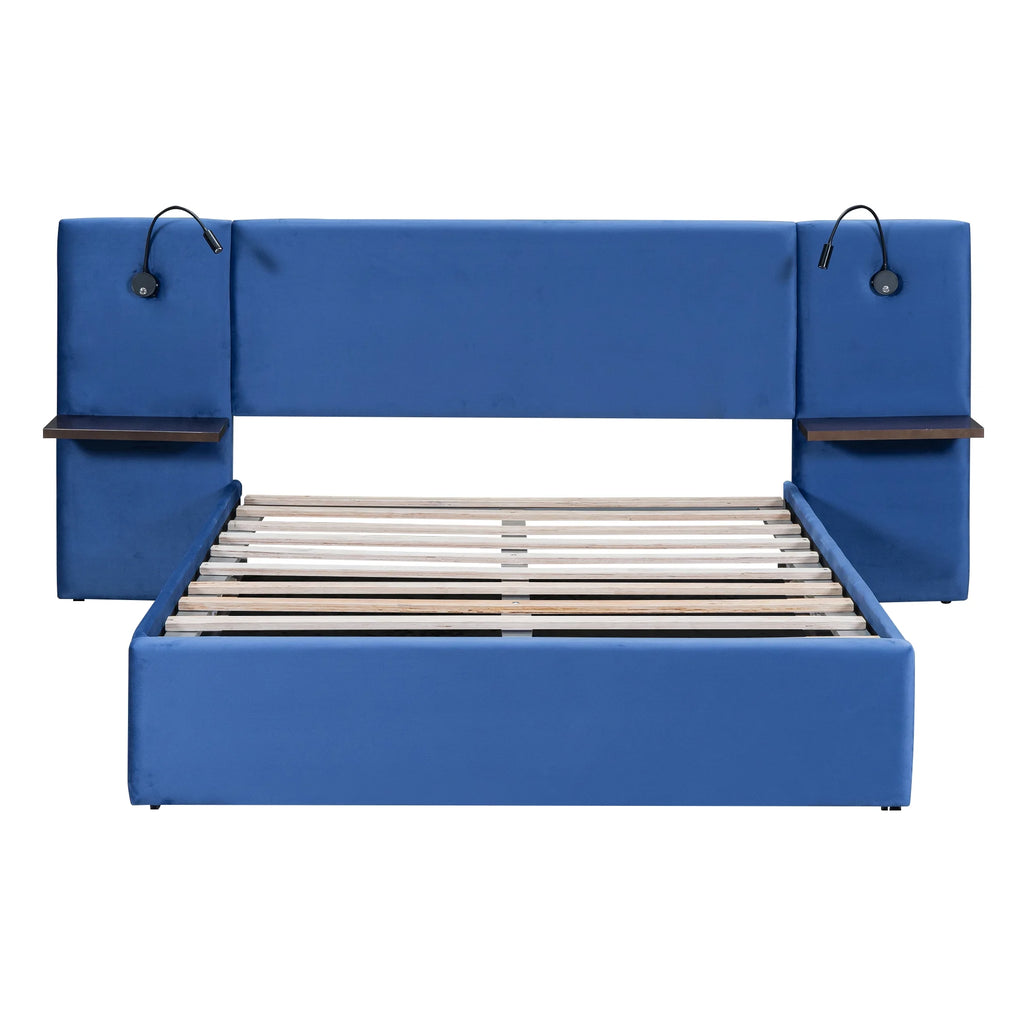 Full Size Upholstered Hydraulic Platform Bed with 2 Shelves, 2 Lights and 4 USB Ports, Blue J90082