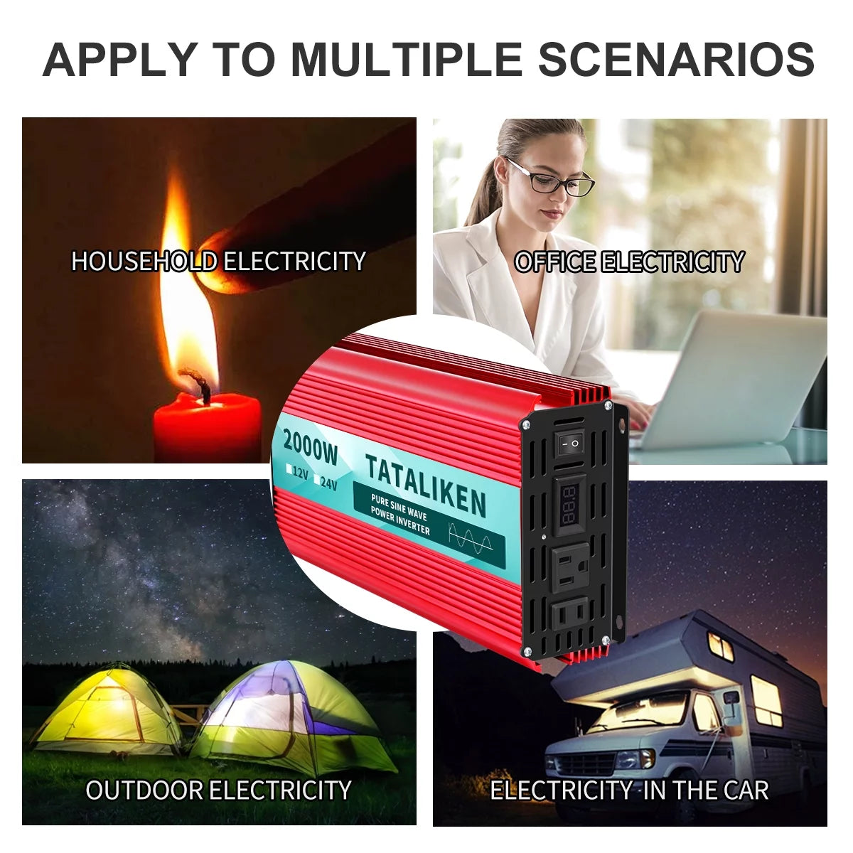 2000 Watts Pure Sine Wave Power Inverter DC 12V to AC 110V/120V with 2 AC Outlets I2243
