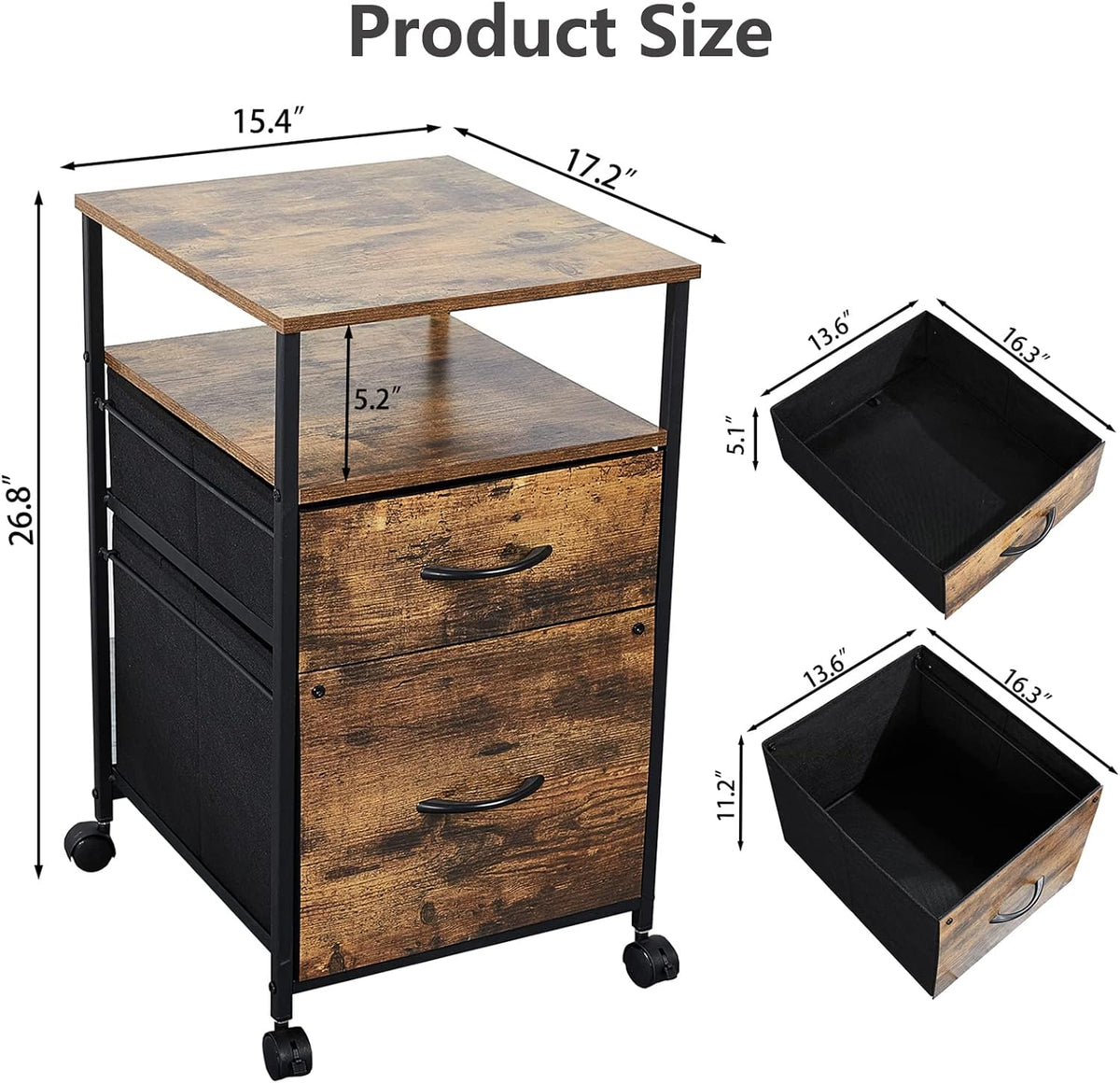 Rustic Brown Black 2 Drawer Rolling File Cabinet with Shelves C9573