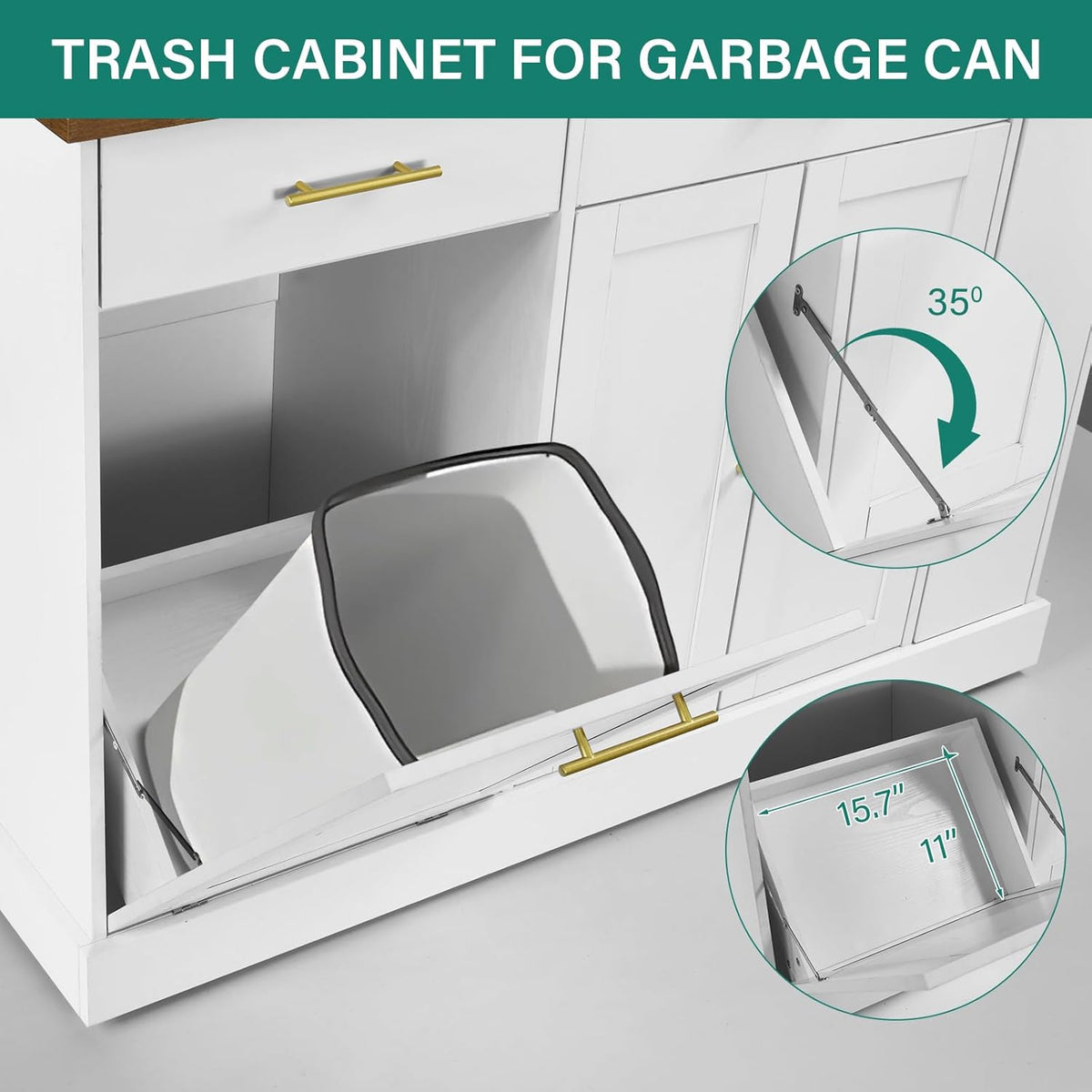 White Rolling Kitchen Island with Pull Out Spice Rack and Trash Can Cabinet O889