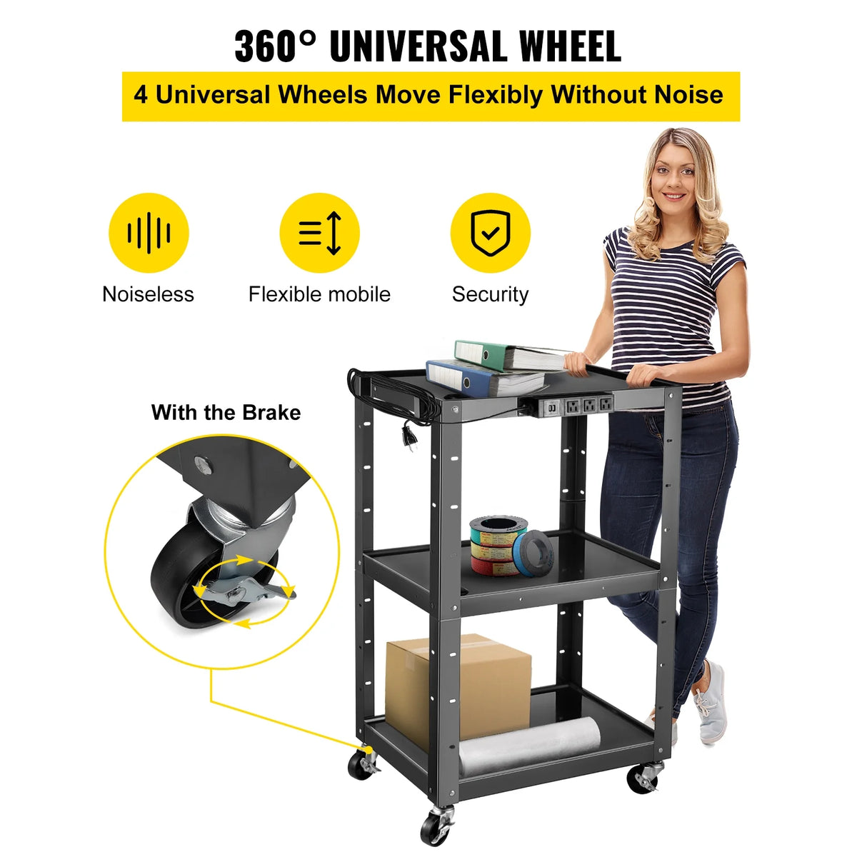 Steel AV Cart Media Cart with Cord Management Height Adjustable W7447