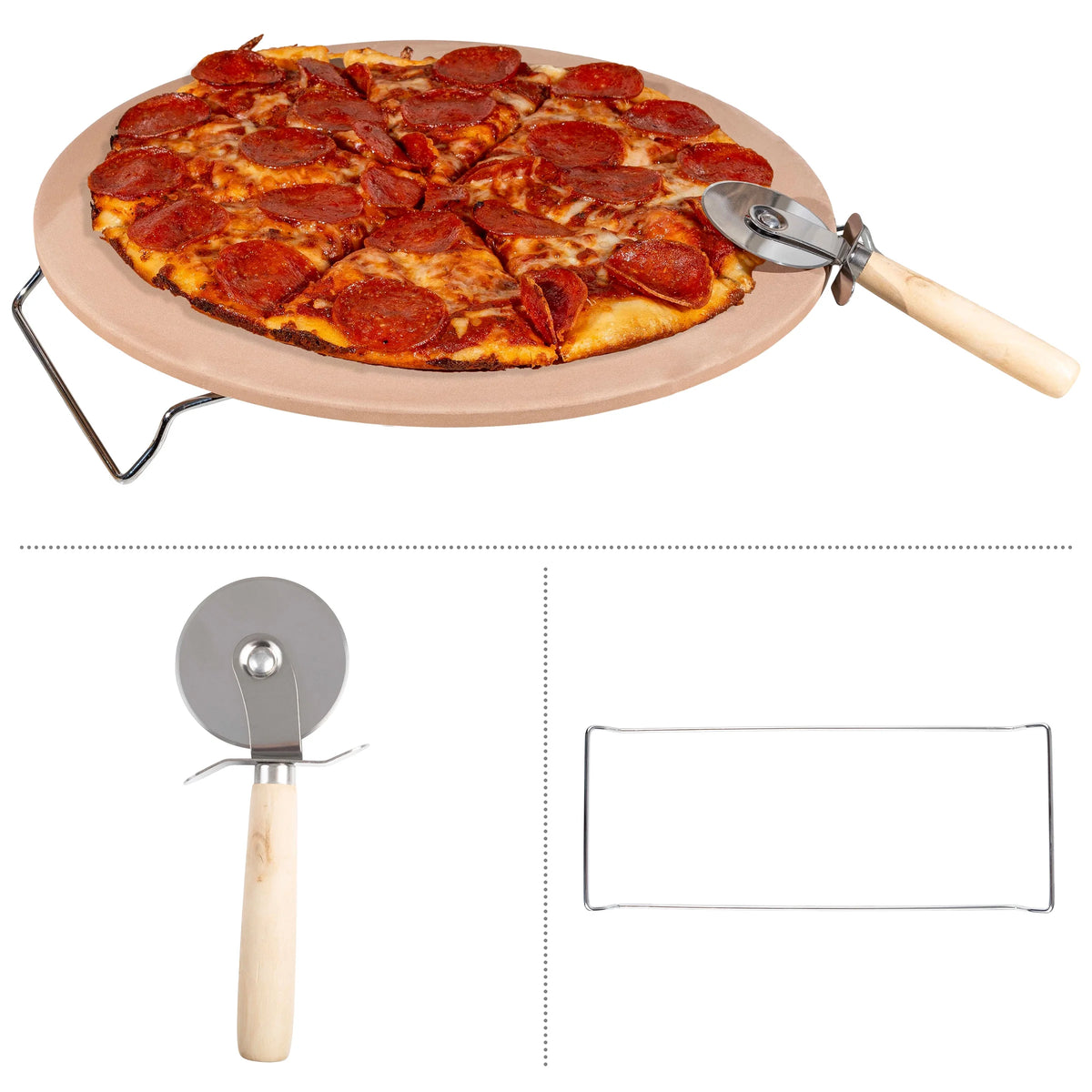 15-inch Pizza Stone with Pizza Cutter and Serving Rack O8708