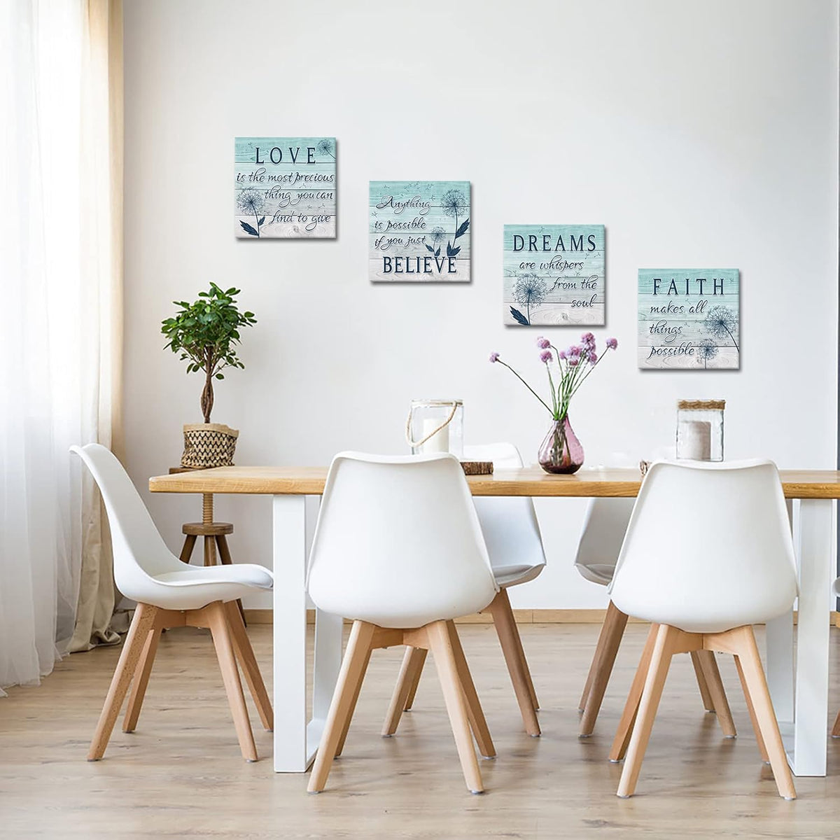 4 Panel Teal Blue Dandelion Canvas Wall Art T38027