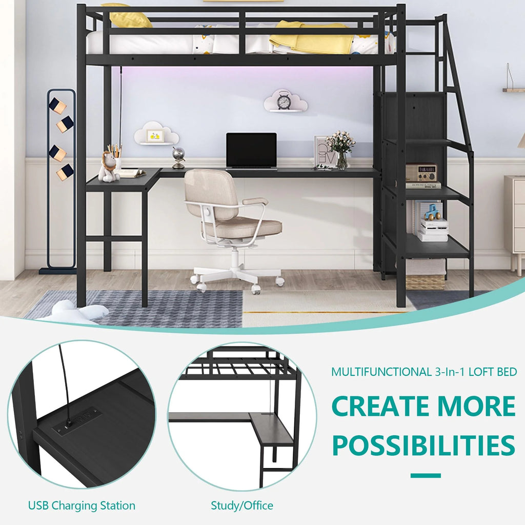Black Full Size Metal Loft Bed with Desk and Stairs A260