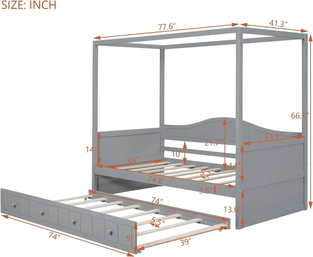 Twin Size Four-Poster Wood Canopy Bed with Trundle U883510