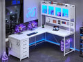 White L Shaped Gaming Desk with Drawers and Hutch A71792