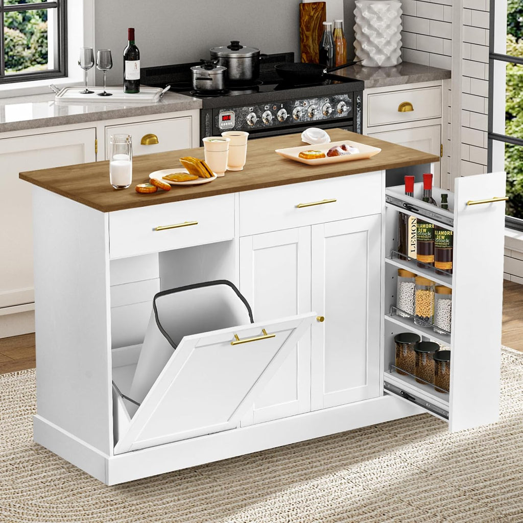 White Rolling Kitchen Island with Pull Out Spice Rack and Trash Can Cabinet O889