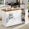 White Rolling Kitchen Island with Pull Out Spice Rack and Trash Can Cabinet O889