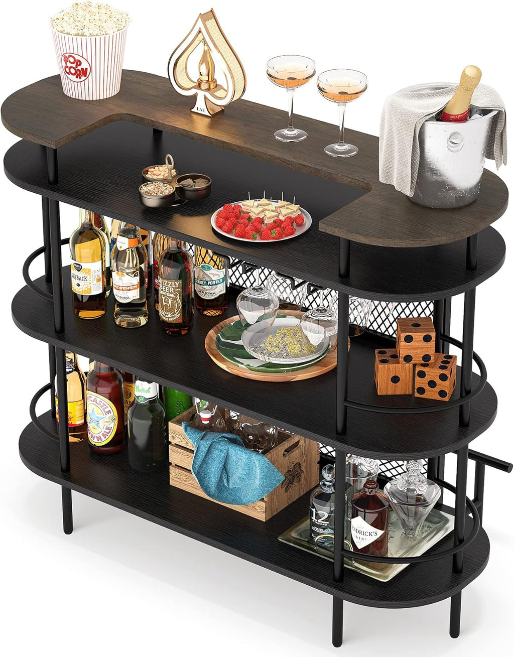 Black and Walnut 4 Tier Bar Cabinet with Storage Shelves B3498