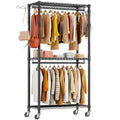 Black Heavy Duty Metal Freestanding Clothing Rack with Shelves & Wheels U865
