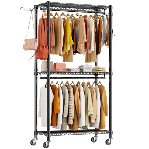 Black Heavy Duty Metal Freestanding Clothing Rack with Shelves & Wheels U865