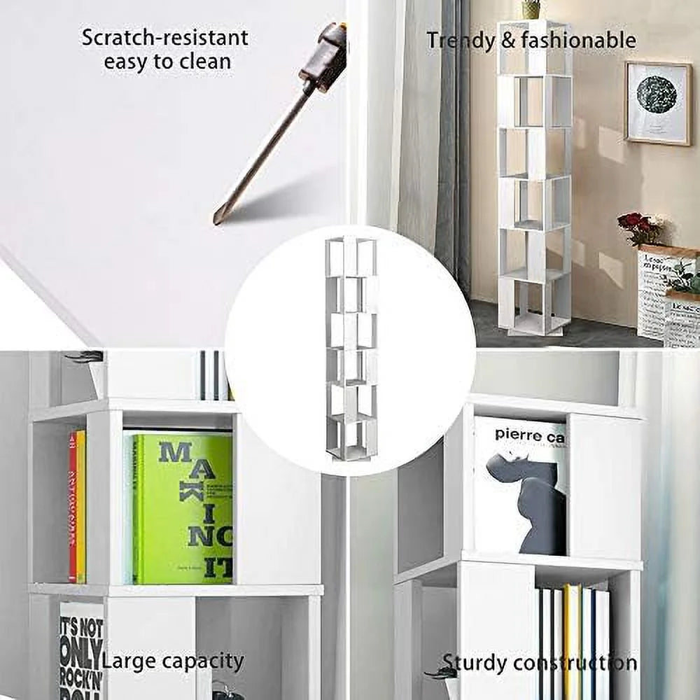 6 Tier White Wooden Corner Rotating Bookcase Shelving Unit R331