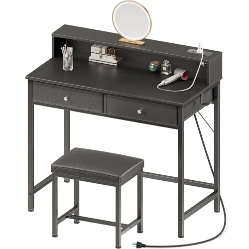 Black Vanity Desk with Drawers and Charging Station A200759