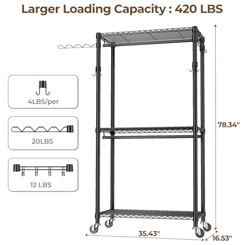 Black Heavy Duty Metal Freestanding Clothing Rack with Shelves & Wheels U865