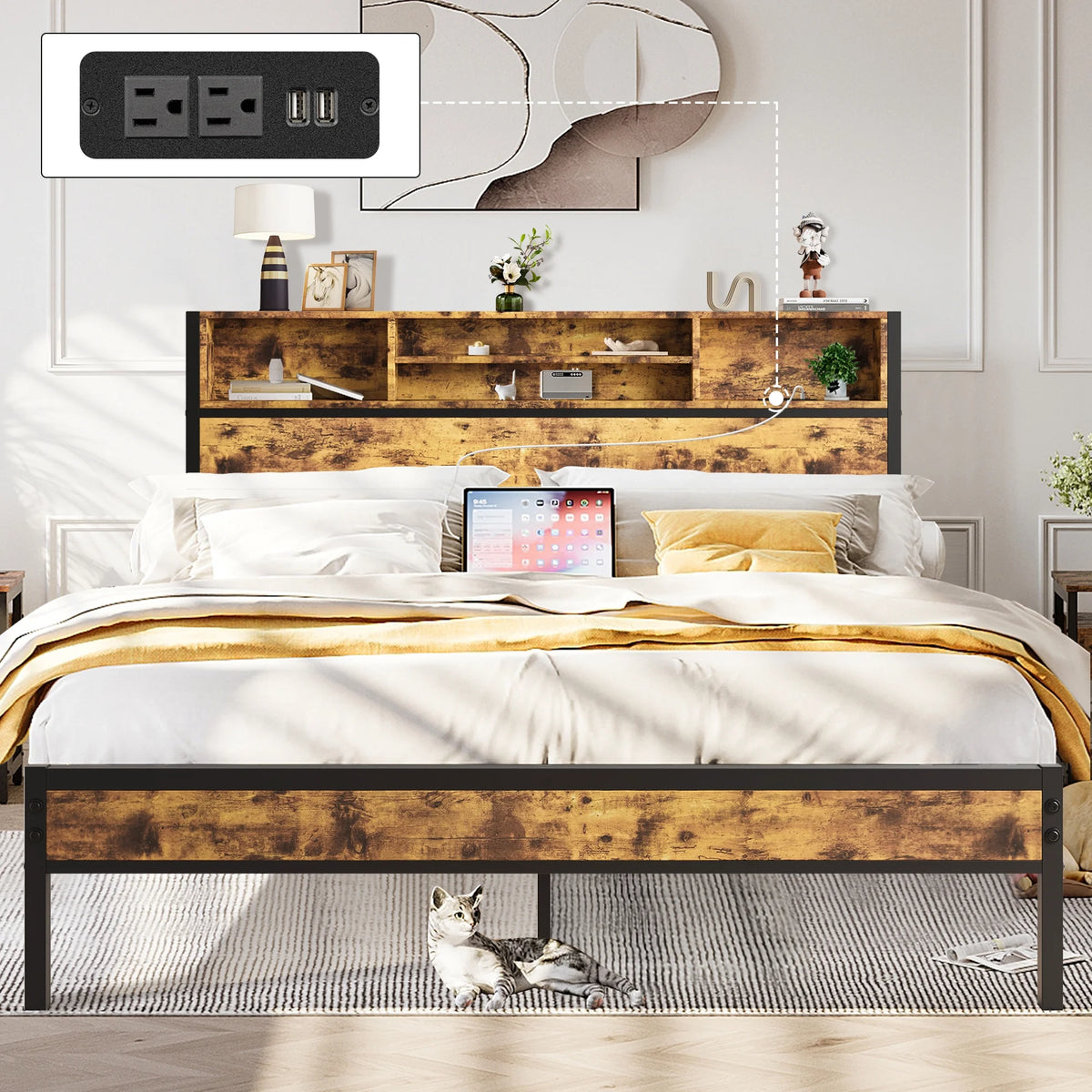Vintage Brown Metal Platform Bed Frame with Storage Headboard C506