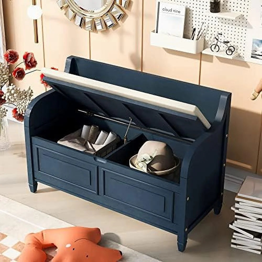 Rustic Entry Bench with Hidden Compartments and Removable Cushion (Antique Navy) M22017