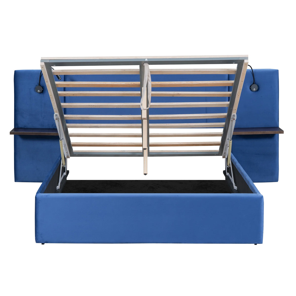 Full Size Upholstered Hydraulic Platform Bed with 2 Shelves, 2 Lights and 4 USB Ports, Blue J90082