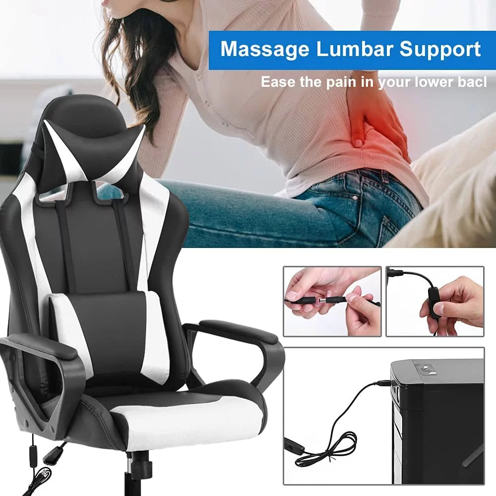 White Massage Gaming Chair with Headrest and Lumbar Support O503379
