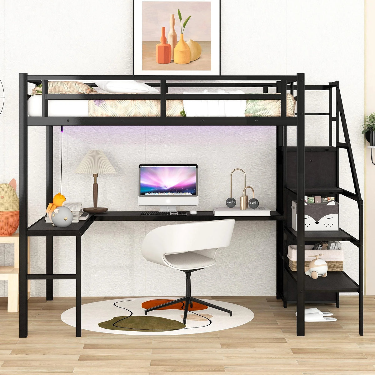 Black Full Size Metal Loft Bed with Desk and Stairs A260