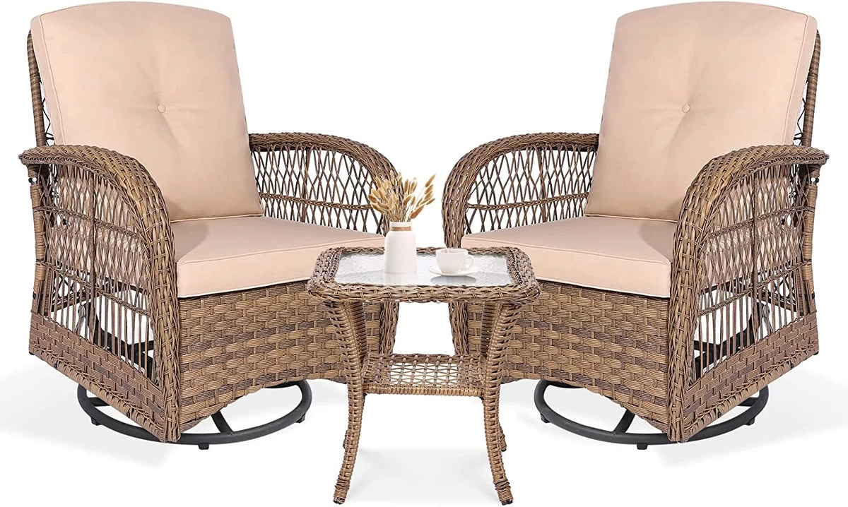 3-Piece Outdoor Swivel Glider Rocking Chairs with Glass Top Side Table X791398