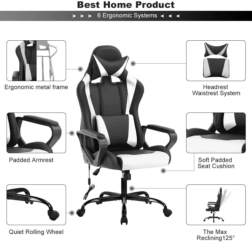 White Massage Gaming Chair with Headrest and Lumbar Support O503379