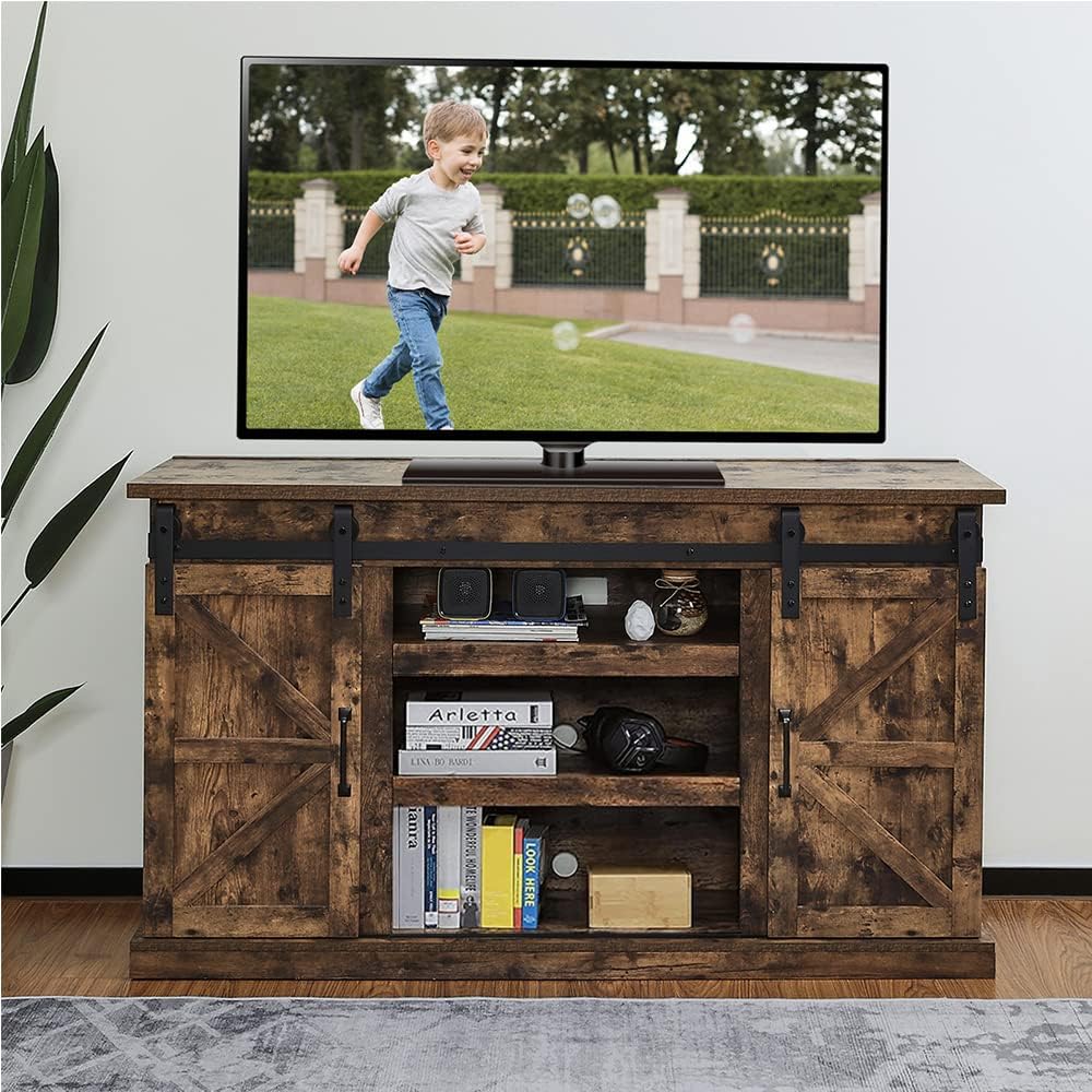 Espresso Sliding Barn Door TV Stand with Adjustable Shelves K46775