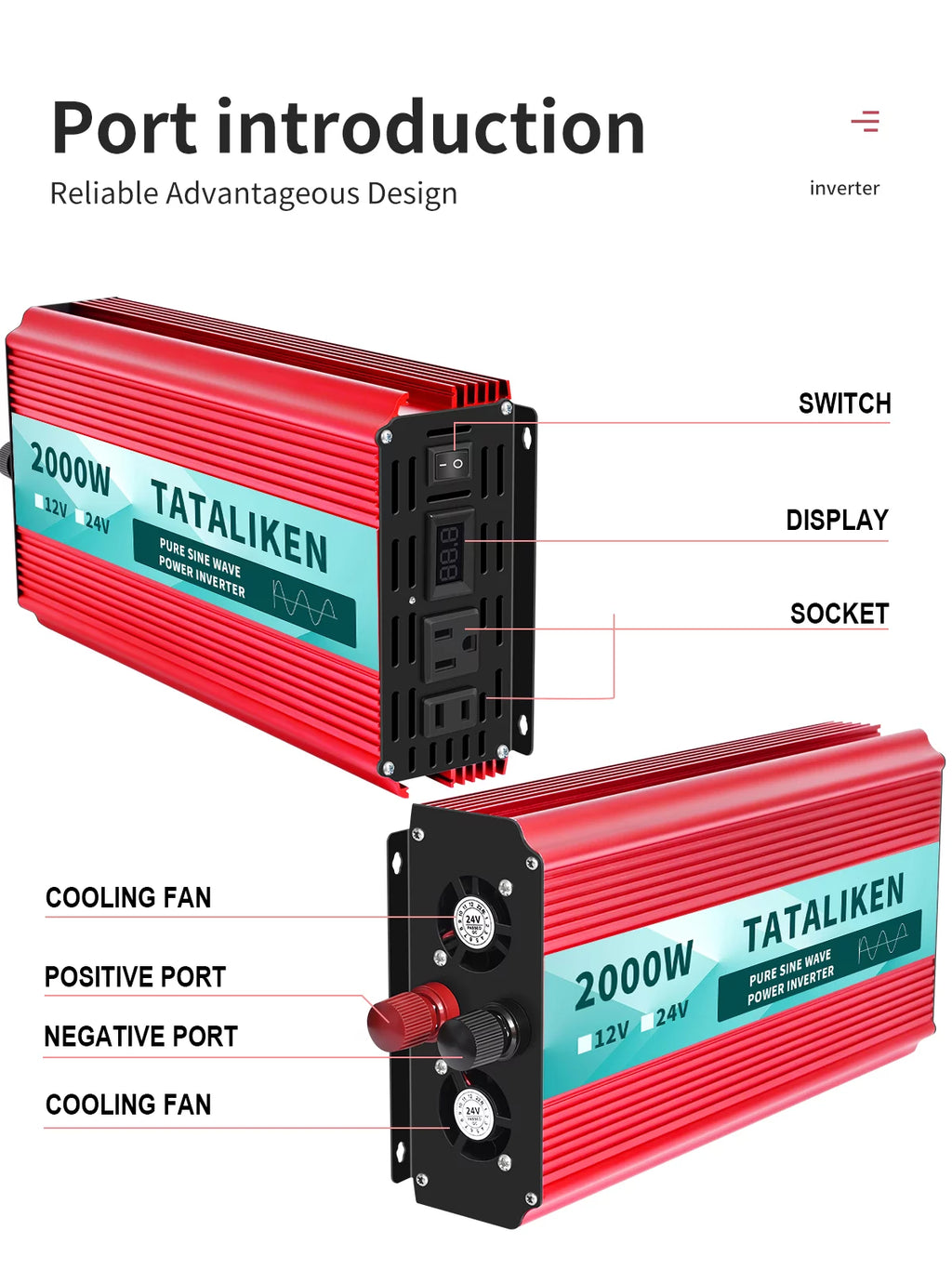 2000 Watts Pure Sine Wave Power Inverter DC 12V to AC 110V/120V with 2 AC Outlets I2243
