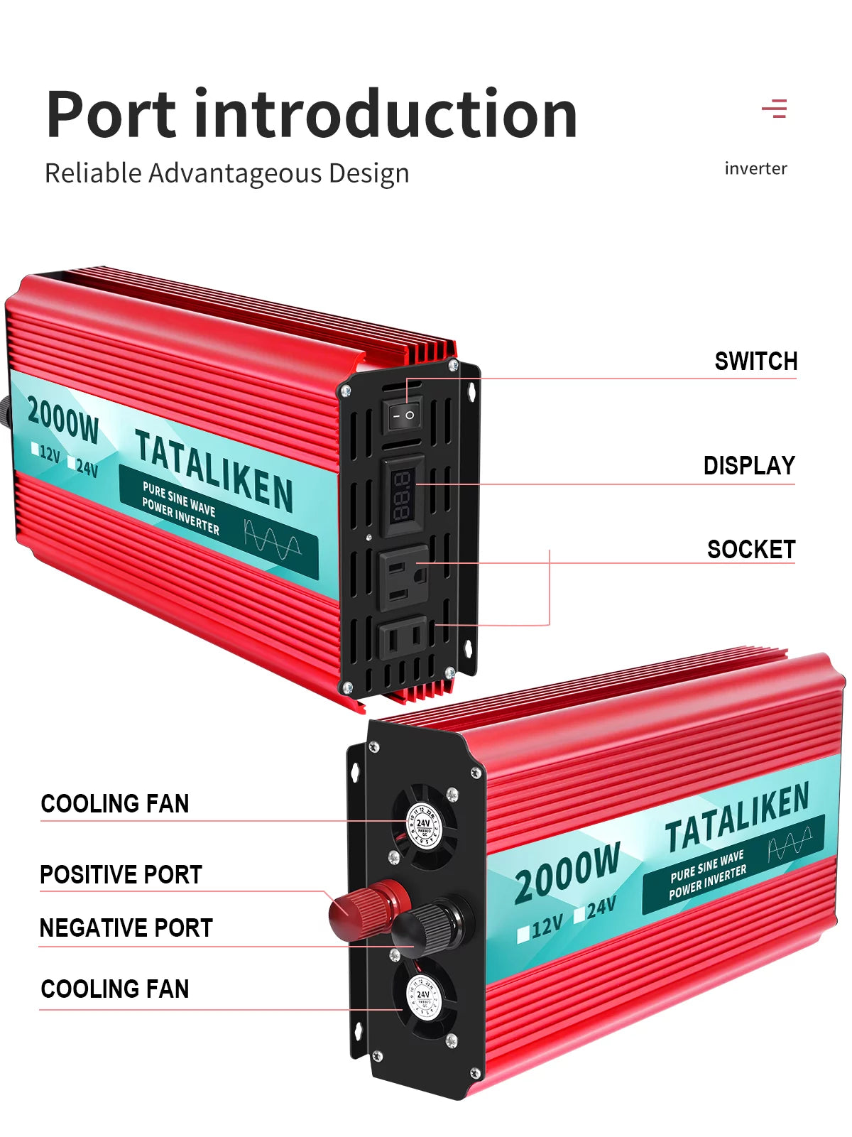 2000 Watts Pure Sine Wave Power Inverter DC 12V to AC 110V/120V with 2 AC Outlets I2243