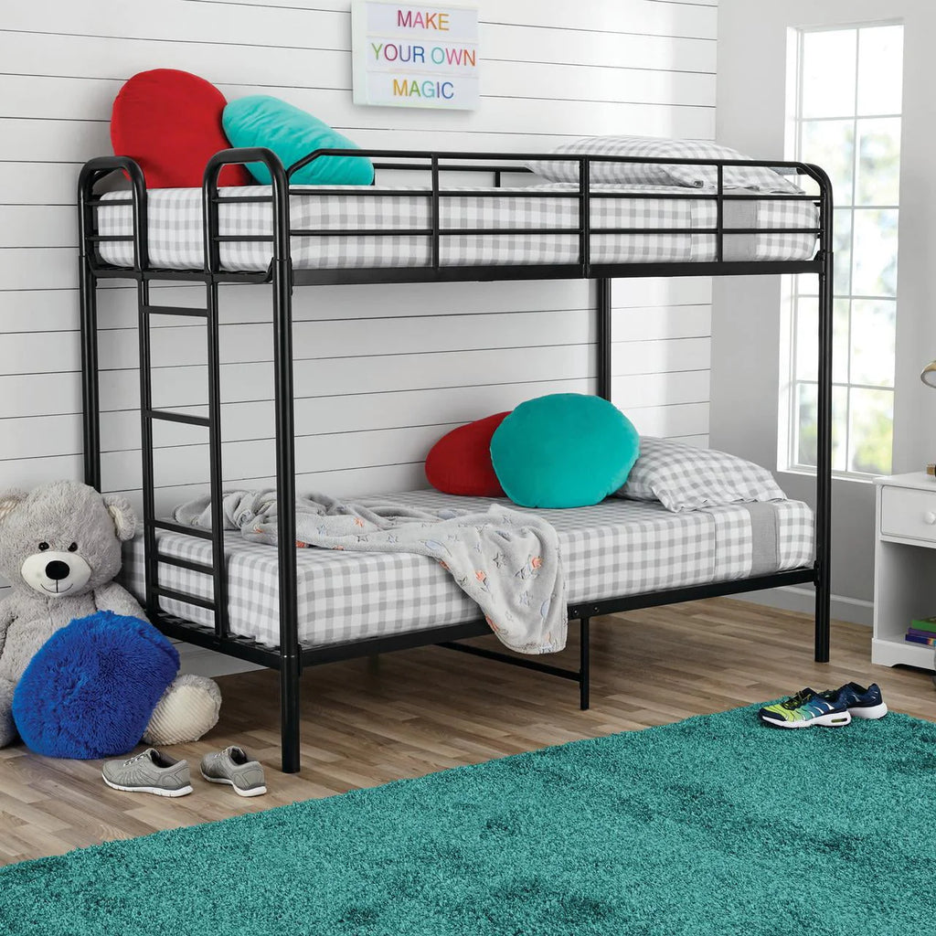 Black Metal Twin over Twin Quad Bunk Bed with Ladder and Guardrails Z667735