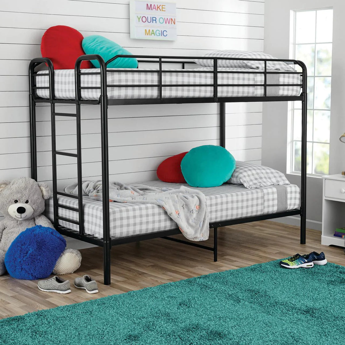 Black Metal Twin over Twin Quad Bunk Bed with Ladder and Guardrails Z667735
