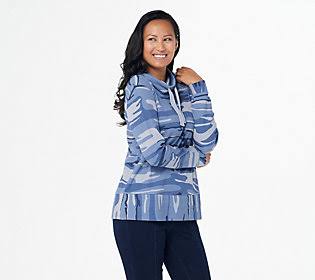 Indigo Camo Waffle Knit Cowlneck Top M6500
