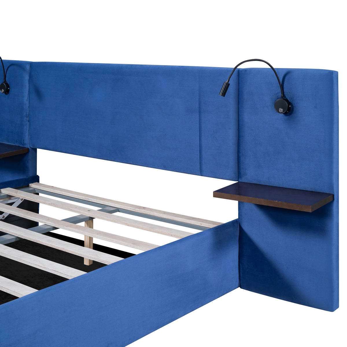 Full Size Upholstered Hydraulic Platform Bed with 2 Shelves, 2 Lights and 4 USB Ports, Blue J90082