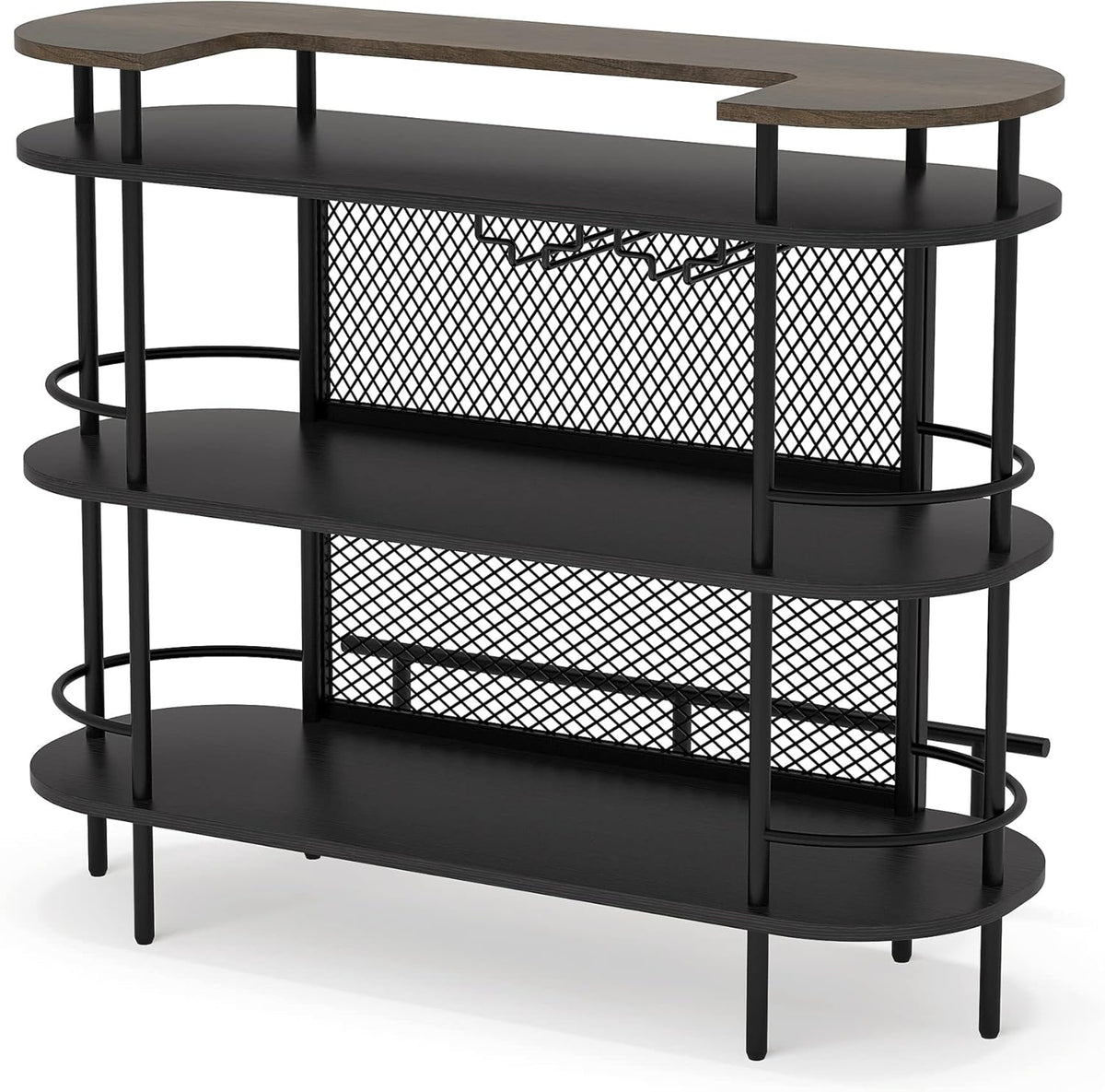 Black and Walnut 4 Tier Bar Cabinet with Storage Shelves B3498