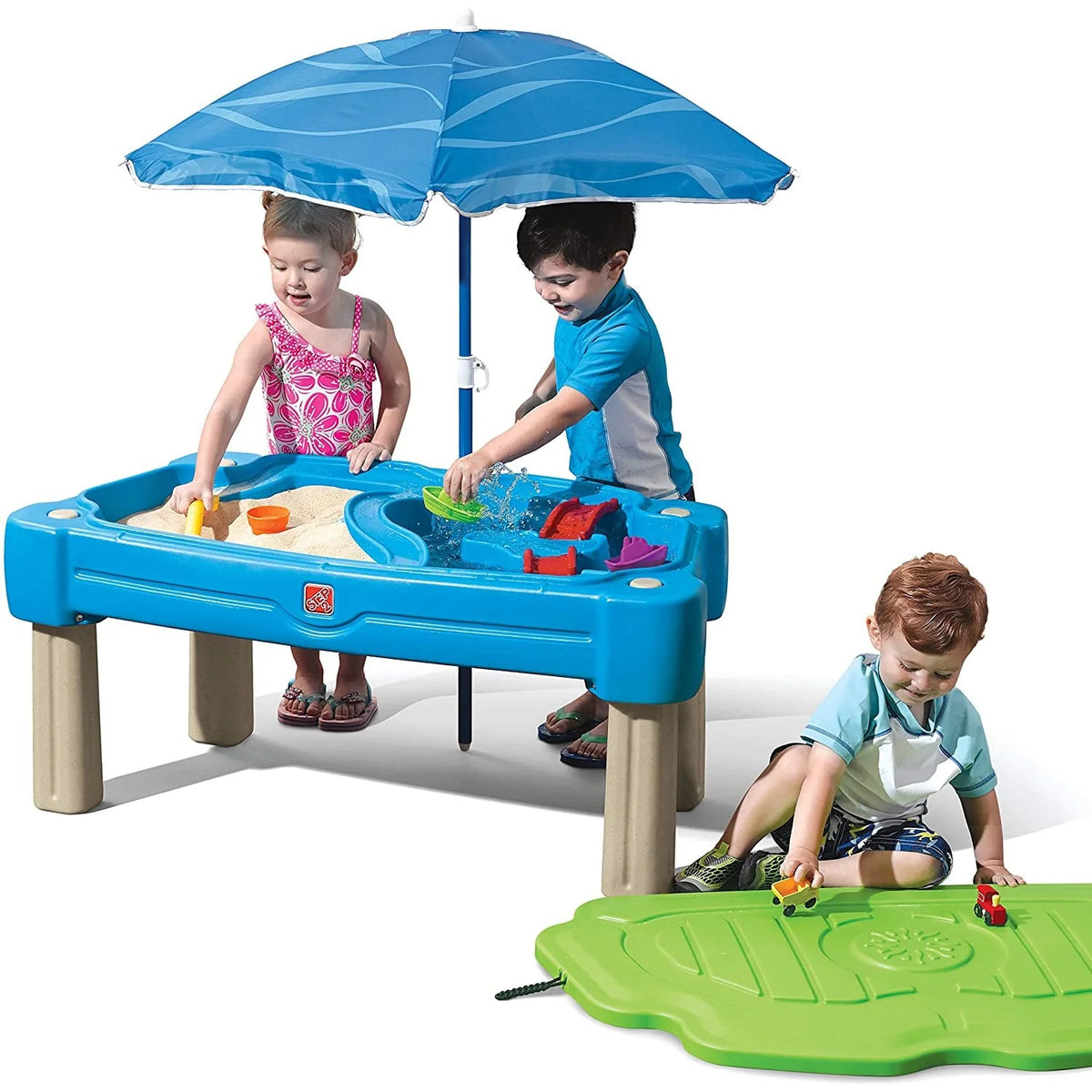 Blue Plastic Sandbox and Water Table with Cover and Umbrella S265494