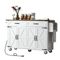 Farmhouse Kitchen Island with Power Outlet, Drop Leaf, Spice Rack and Drawer, Rolling Kitchen Cart on Wheels I94436