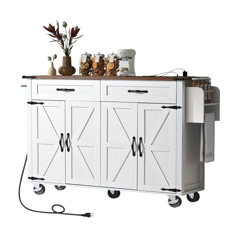 Farmhouse Kitchen Island with Power Outlet, Drop Leaf, Spice Rack and Drawer, Rolling Kitchen Cart on Wheels I94436