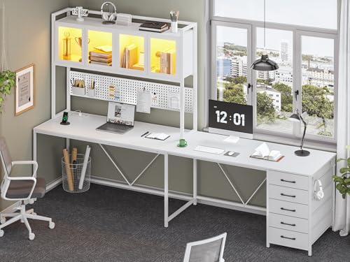 White L Shaped Gaming Desk with Drawers and Hutch A71792