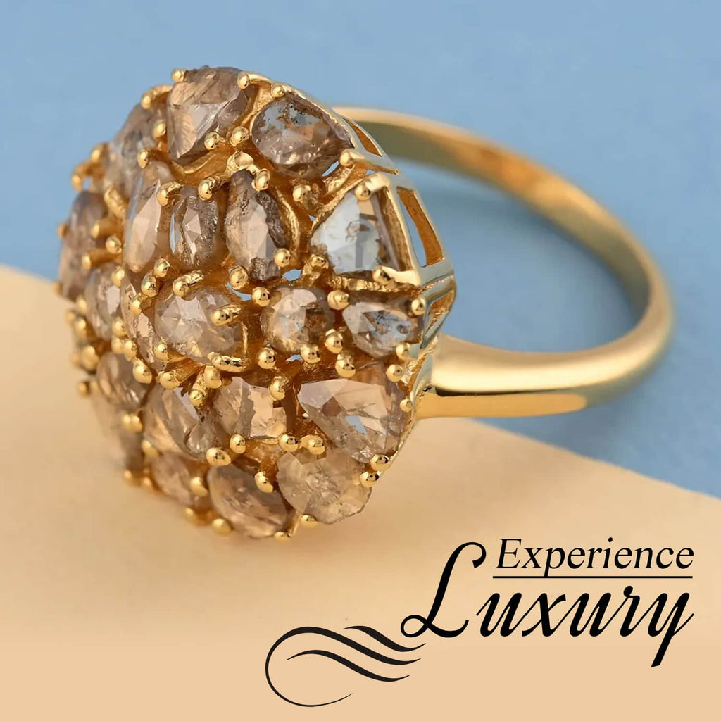 Champagne Diamond Mix 925 Sterling Silver 14K Yellow Gold Plated Cluster Ring Size 8 P4495