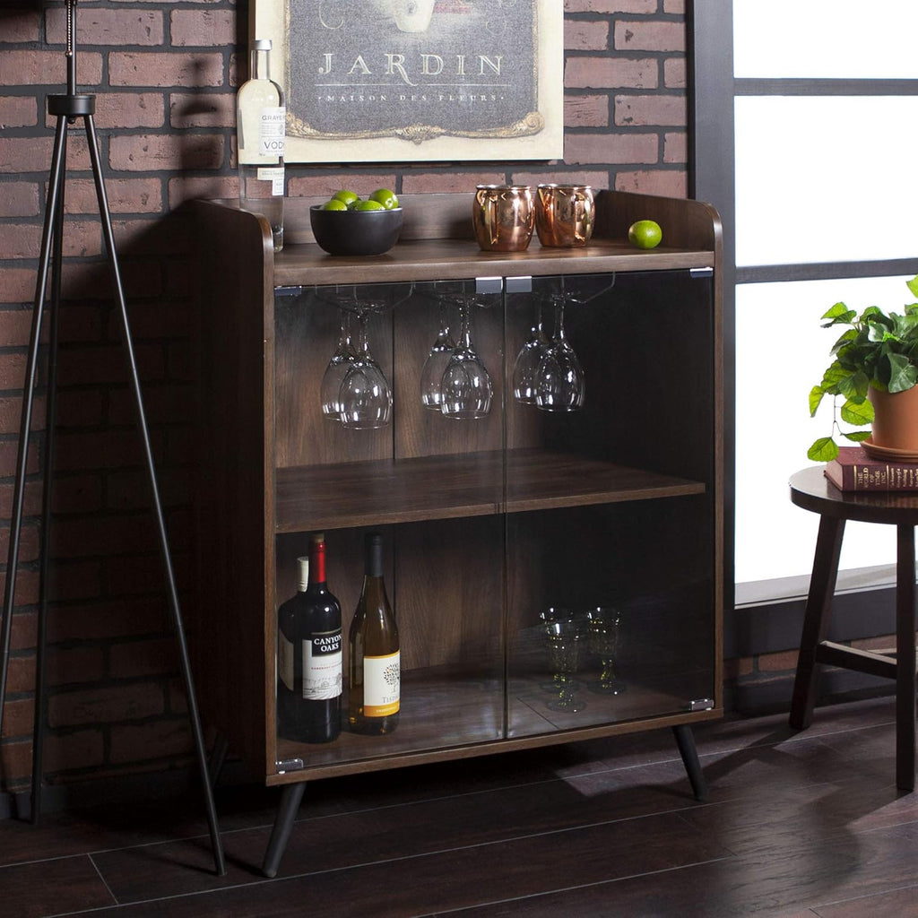 Dark Walnut Double Glass Door Bar Cabinet E929